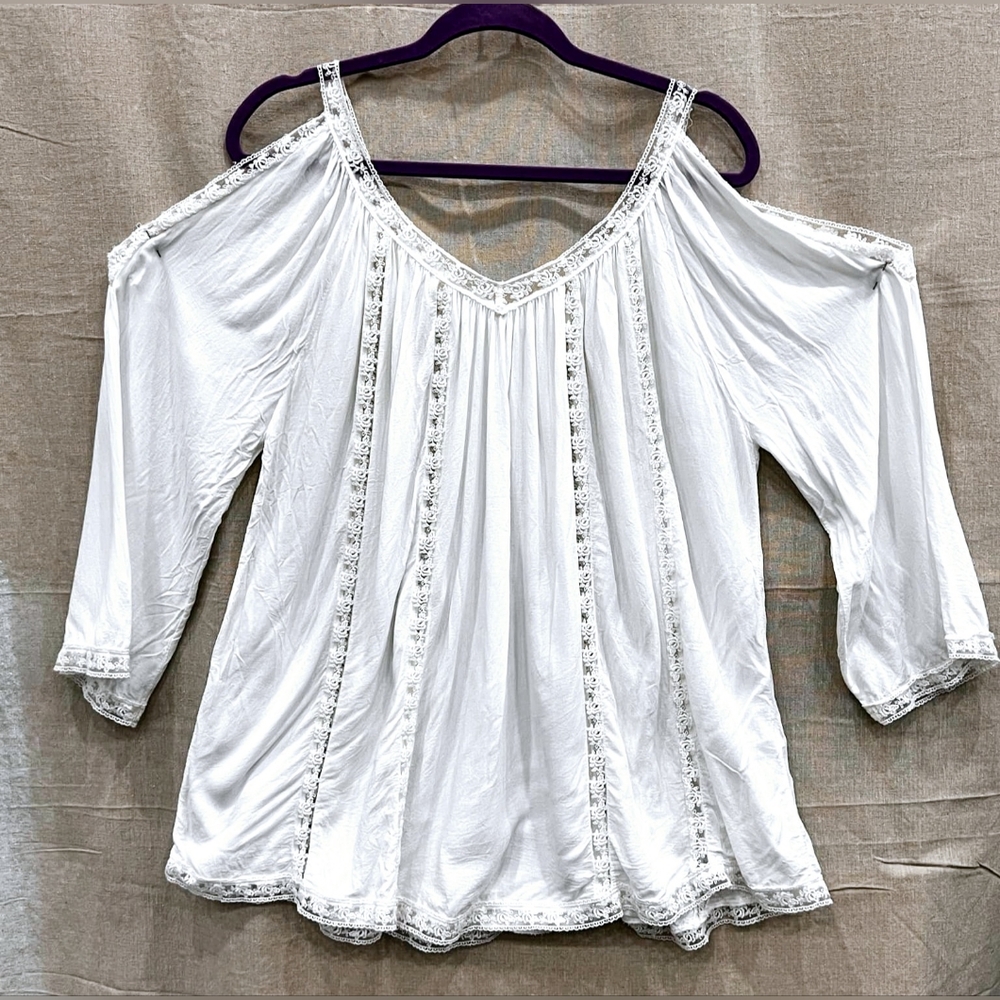 Baci V-Neck Cold Shoulder White Tunic Blouse Made in Italy Size Lg